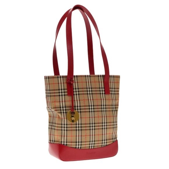 Burberrys Nova Check Shoulder Bag Canvas Leather Beige Red Silver Auth 94414 - Picture 1 of 16